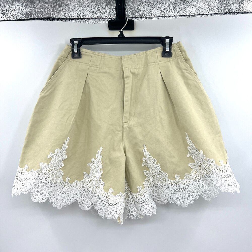 English Factory Khaki Cotton Shorts White Lace Trim High Waist Belted Womens M